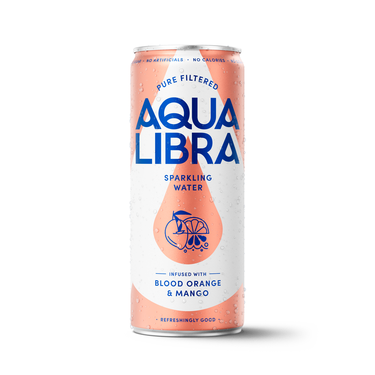 Aqua Libra sparkling water can with peach color and blue text on a white background