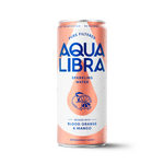 Aqua Libra sparkling water can with peach color and blue text on a white background