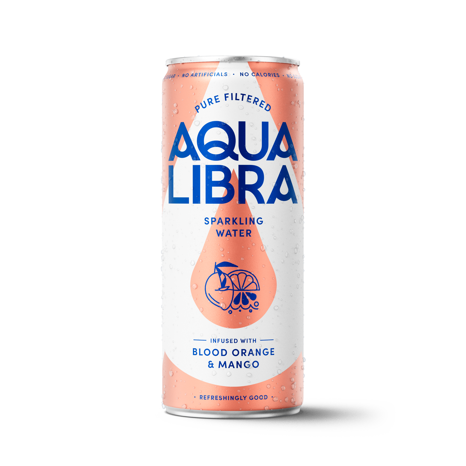 Aqua Libra sparkling water can with peach color and blue text on a white background