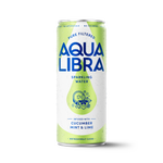 Aqua Libra sparkling water can with cucumber, mint, and lime flavor on a white background
