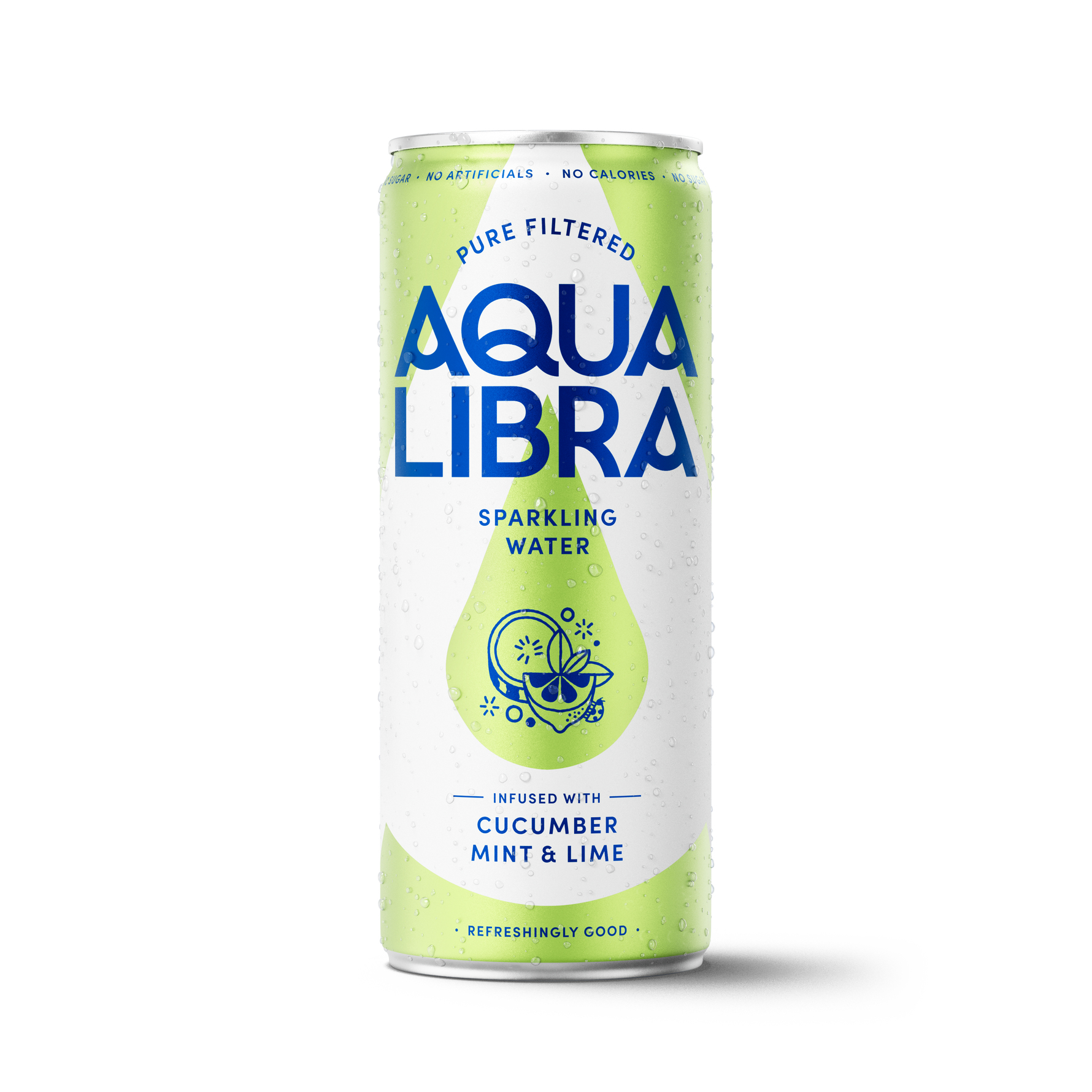Aqua Libra sparkling water can with cucumber, mint, and lime flavor on a white background
