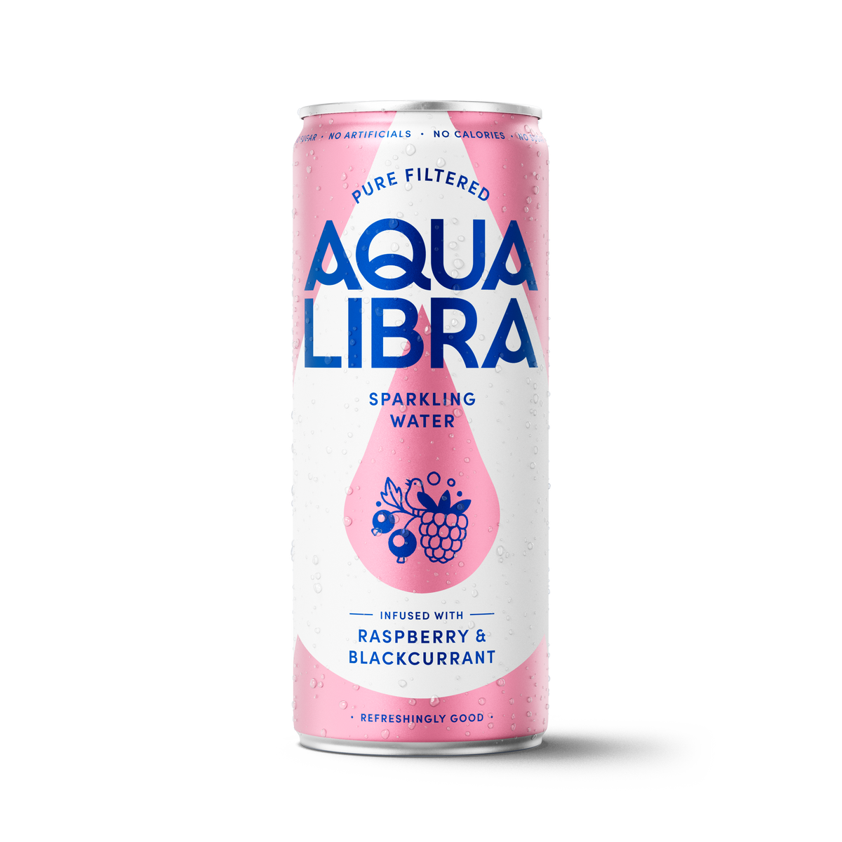 Aqua Libra sparkling water can with pink and blue design on a white background