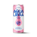 Aqua Libra sparkling water can with pink and blue design on a white background