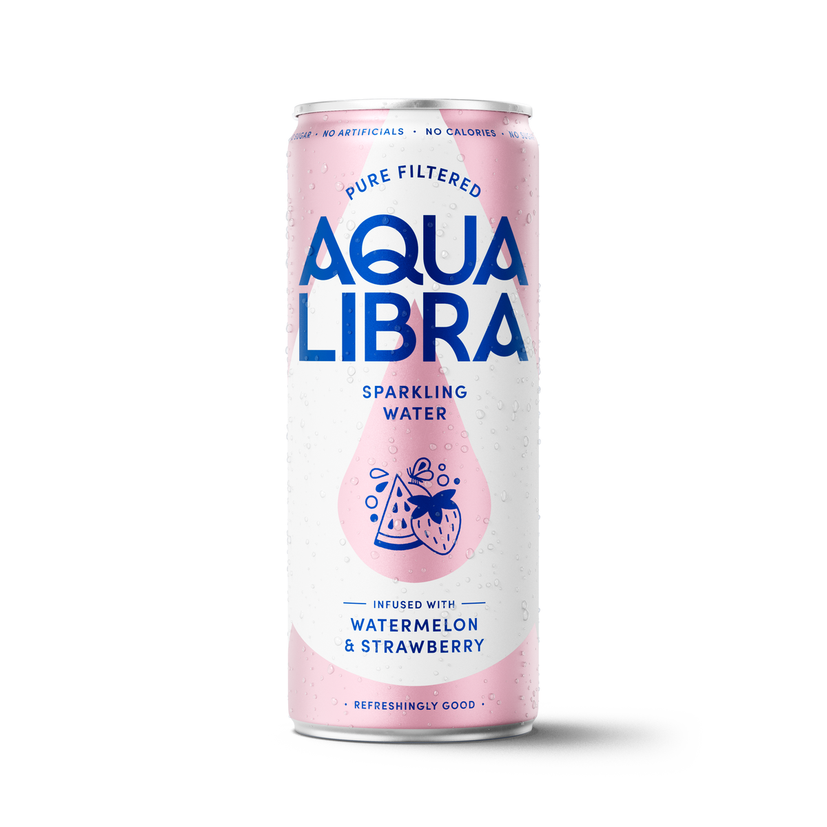 Aqua Libra sparkling water can with pink label on a white background