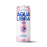 Aqua Libra sparkling water can with pink label on a white background