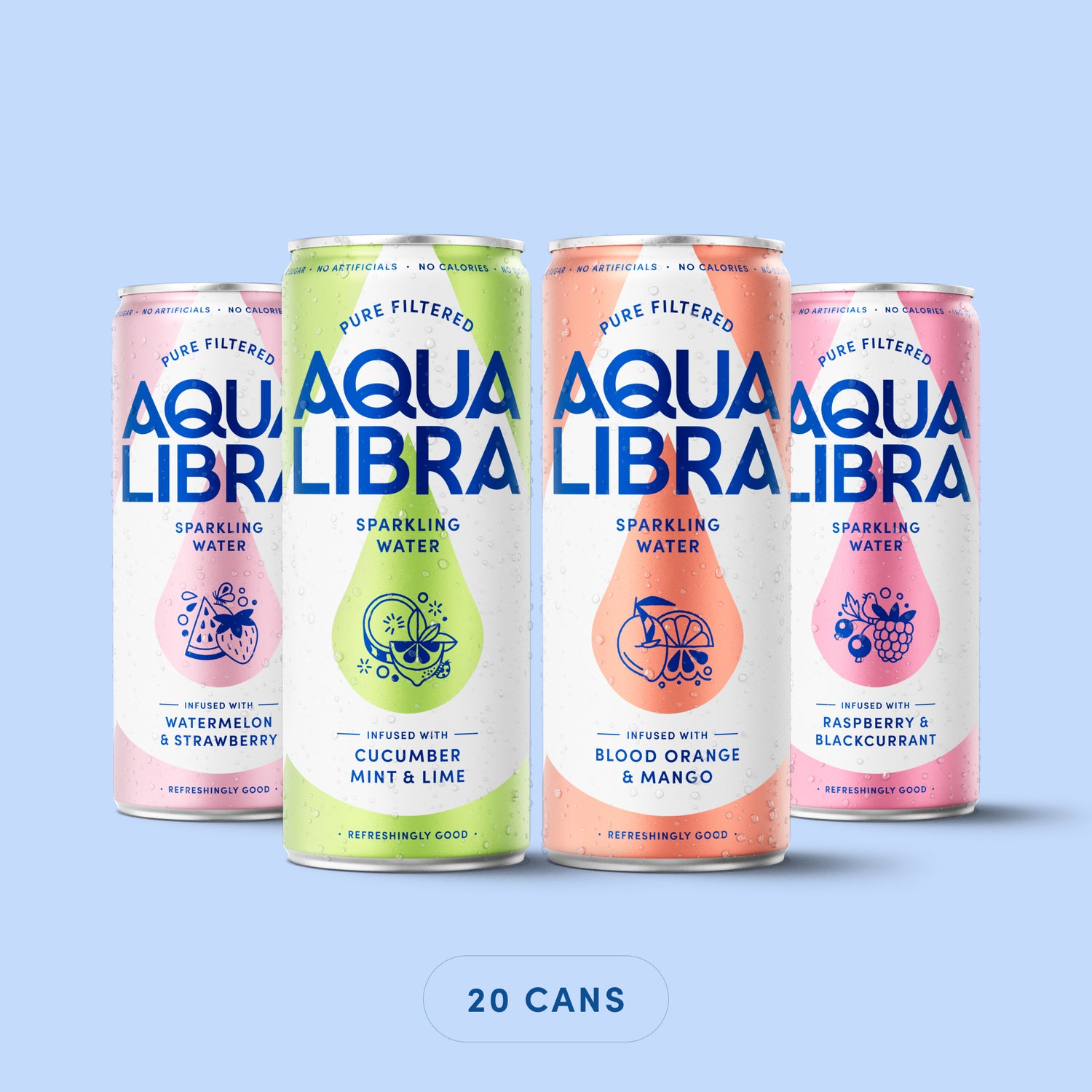 Four cans of Aqua Libra sparkling water on a light blue background