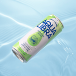 Aqua Libra sparkling water can on a blue water background