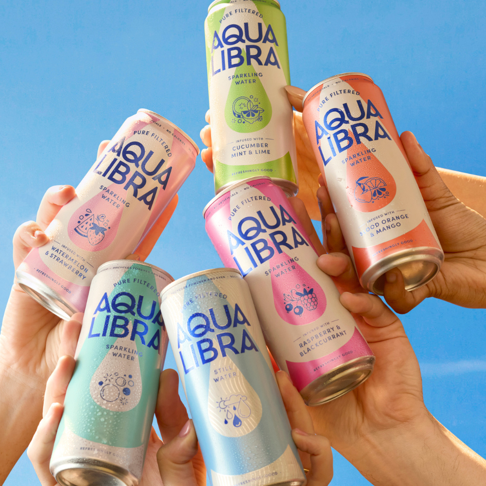 Hands holding multiple cans of Aqua Libra sparkling water against a blue sky.